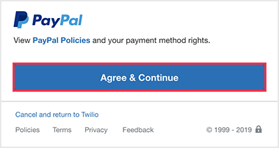 Login to PayPal in the new browser window, and then scroll to and click Agree & continue.